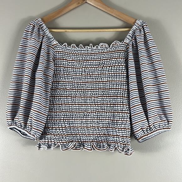 Loft Striped White and Brown Smocked Drape 3/4 Sleeve Cottagecore Blouse - Picture 5 of 7